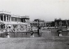 Open air baths in Budapest; two large pools separated by railings,...., c1900s. Creator: Unknown.