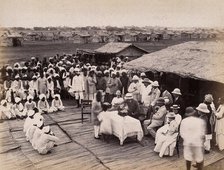 Discharged hospital patients after bubonic plague outbreak, being given relief money..., 1897. Creator: Unknown.