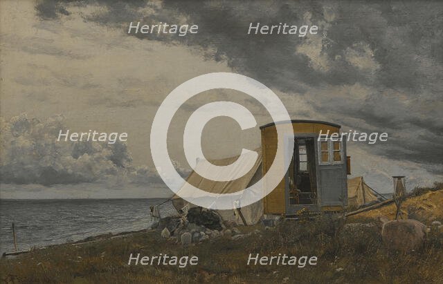 View of a Shore with the Artist's Wagon and Tent at Enö, 1913. Creator: Laurits Andersen Ring.