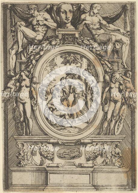 The Judgment of Paris; man seated at left reaches out to a woman who is flanked by ..., ca. 1540-80. Creator: Battista del Moro.