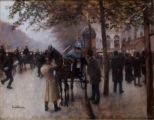 Boulevard des Capucines, in the evening, in front of Cafe Napolitain, c1880. Creator: Jean Beraud.