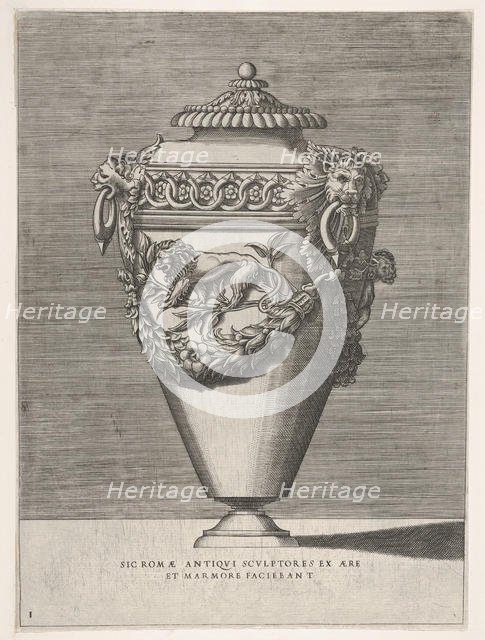 Antique Lidded Urn Decorated with a Motif of Diamond Rings and Lions, from Vases ..., 1543 or after. Creator: Enea Vico.