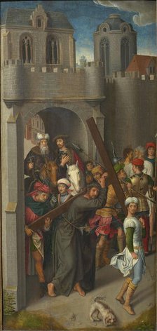 Calvary Triptych: Christ Carrying the Cross, left wing, 1480s. Creator: Memling, Hans, (workshop of)  .