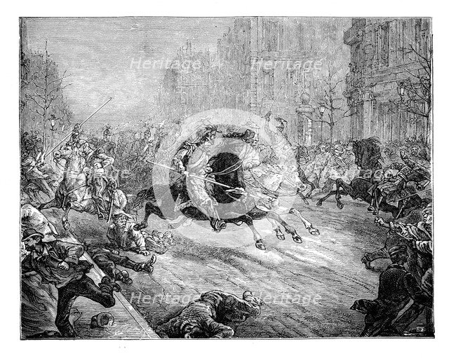 'The coup d'etat, lancers charging the crowd in the boulevards of Paris', 19th century. Artist: Unknown