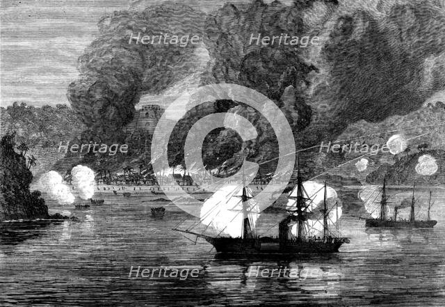 The War on the Gold Coast: bombardment of Bootry by H.M.S. Argus and decoy, 1873. Creator: Unknown.