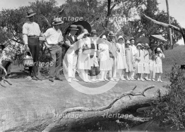 Picnic party on a log over Cressbrook Creek, 1925. Creator: Jack Bain.