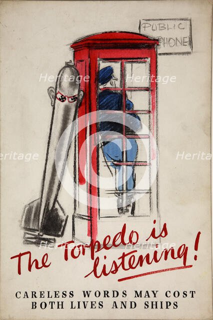 'The torpedo is listening! Careless words may cost...', WWII poster, between 1939 and 1946. Creators: Central Office of Information, Unknown.