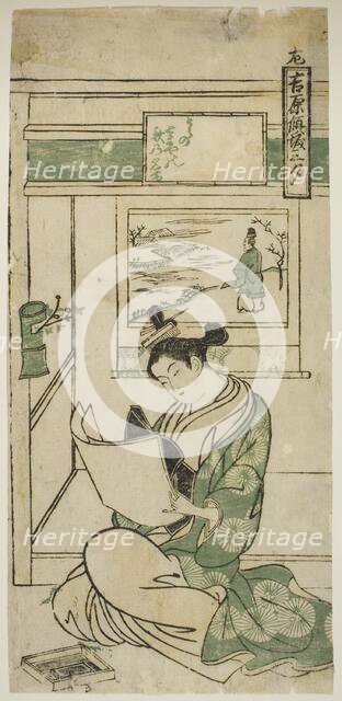 Poem by Fujiwara no Teika, from the series "Yoshiwara Courtesans in the Three..., c. 1750. Creator: Okumura Masanobu.