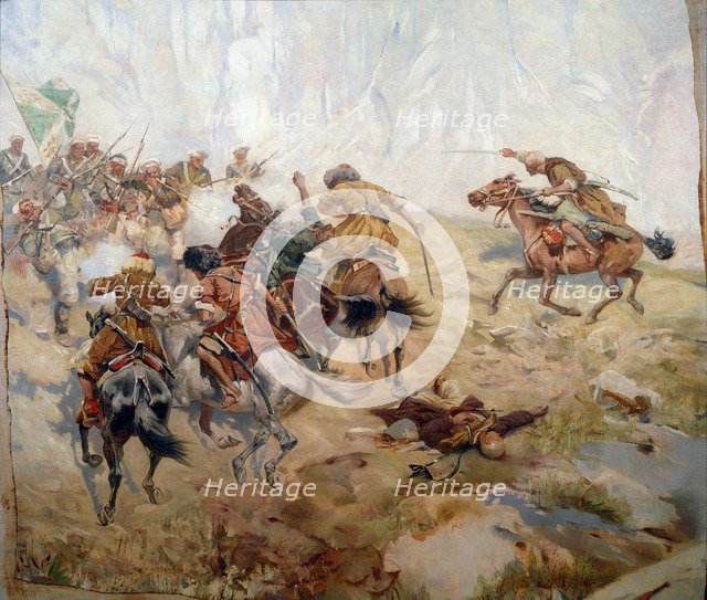 'Capturing of the Aul Akhtulga', late 19th or early 20th century. Artist: Franz Roubaud