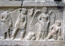 Etruscan stone sarcophagus with reliefs of Eastern influence, with various characters including a…