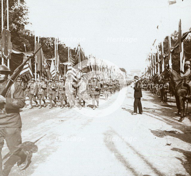 American troops marching in victory parade, Paris, France, c1918-c1919. Artist: Unknown.