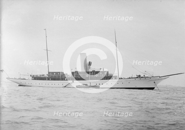Steam yacht 'Miranda' at anchor, 1910. Creator: Kirk & Sons of Cowes.