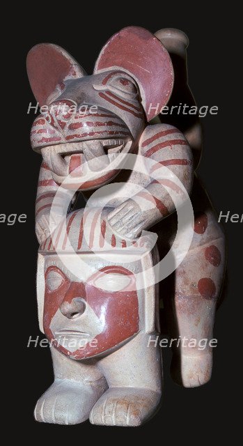 Mochica stirrup-spout vessel of a male figure with a jaguar's head, 3rd century. Artist: Unknown