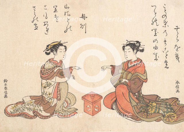Two Girls Play the Finger Game of Kitsume Ken, 1725-1770., 1725-1770. Creator: Suzuki Harunobu.