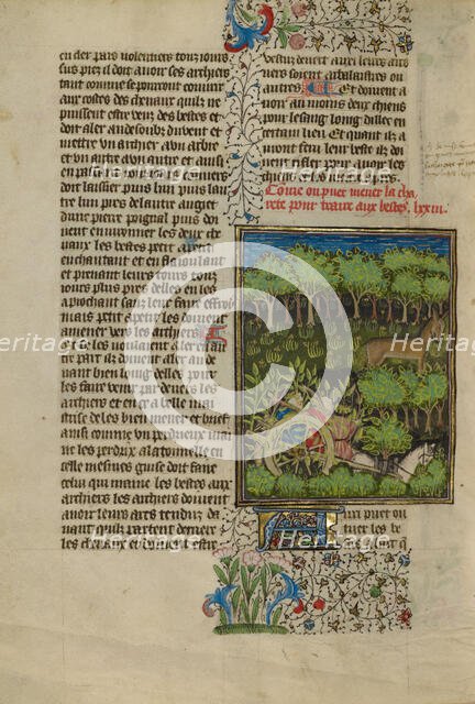 Camouflaged Hunters Preparing to Attack a Deer; Livre de la Chasse, about 1430-1440. Creator: Unknown.