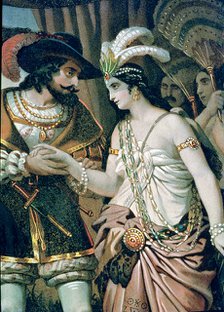 Zingari, head of an indigenous population, offers Hernán Cortés her sister Aida, detail of a lith…