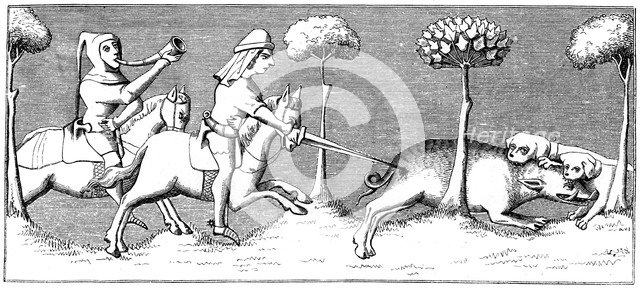 Wild boar hunting with dogs, 14th century (1849). Artist: Unknown