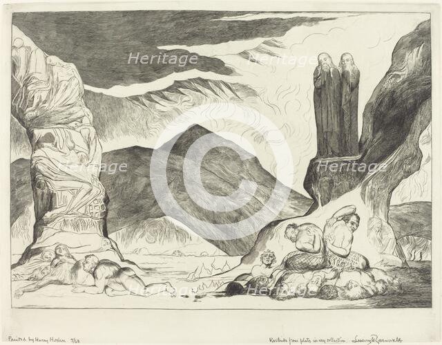 The Circle of the Falsifiers; Dante and Virgil Covering their Noses because of the stench, 1827. Creator: William Blake.