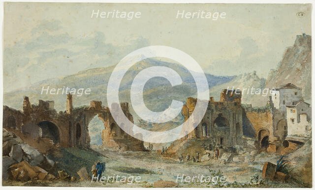 The Ancient Theater at Taormina with a View of Mount Etna, Study for Saint Non's Voyage Pi..., 1783. Creator: Louis-Francois Cassas.