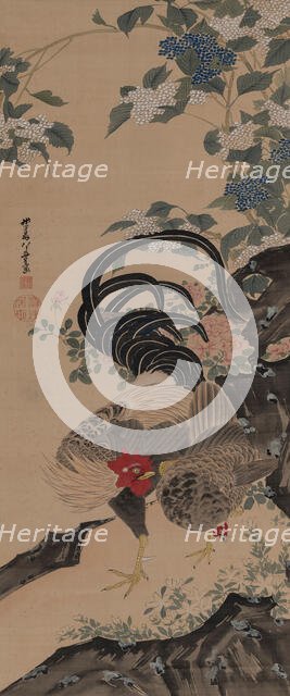 Pair of rooster and hen next to a rock, 1800. Creator: Jakuchu; Ito (1716-1800).