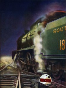 'The Night Journey. A mixed-traffic locomotive of the Southern Railway at a cross-over', 1935. Creator: Unknown.