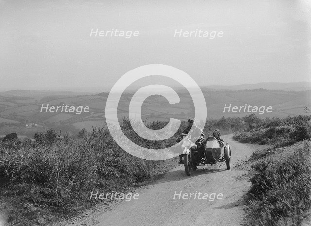 Brough Superior and sidecar of FW Stevenson competing in the MCC Torquay Rally, 1938. Artist: Bill Brunell.