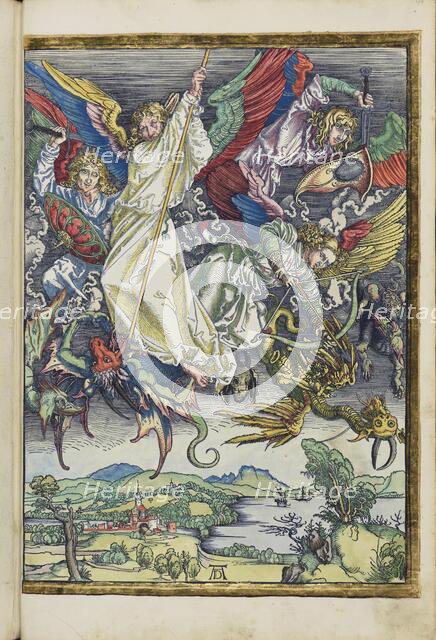 Michael's fight with the dragon. From the Apocalypse (Revelation of John), 1511. Creator: Dürer, Albrecht (1471-1528).