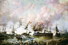 Naval battle between the Austrian and Italian fleets, 1866, (19th Century). Artist: Josef Karl Berthold Puttner