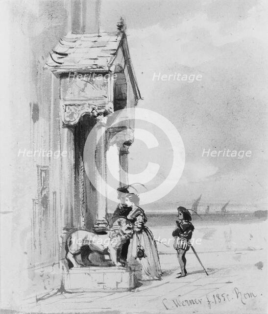 Couple Entering Building, with Attendant (from Cropsey Album), 1850. Creator: Carl Friedrich Heinrich Werner.
