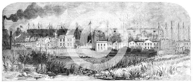 Progress of the Great Ship, building at Millwall, for the Eastern Steam Navigation Company, 1856.  Creator: Unknown.