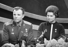 Yuri Gagarin and Valentina Tereshkova, Russian cosmonauts, 1963. Artist: Anon