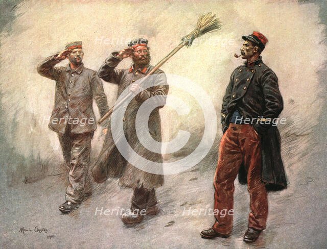 ''Au Camp des Prisonniers Allemands de Dinant; La corvee de quartier', 1915. Creator: Maurice Orange.