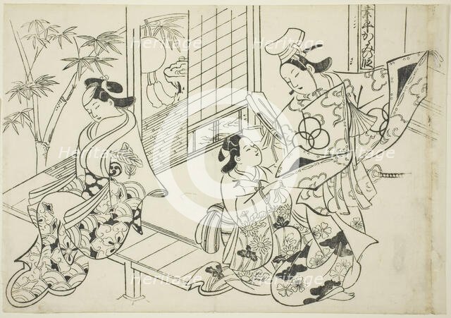 Narihira: The Mirror Scene (Narihira kagami no dan), from the series "Famous Scenes..., c. 1705/06. Creator: Okumura Masanobu.