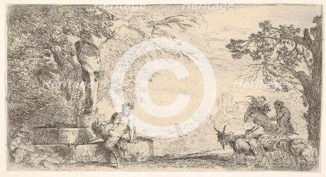 A satyr reclining at the foot of a staute of Priapus, goats at the right, ca. 1645-48. Creator: Giovanni Benedetto Castiglione.