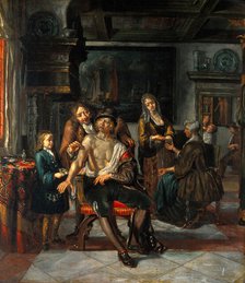 Interior of a surgery with a surgeon treating a wound in the arm of a man, with a boy and..., 1700s. Creator: Matthys Naiveu.