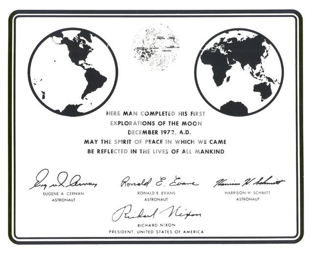 Replica of the plaque left on the Moon by Apollo 17 astronauts, 1972.  Creator: NASA.