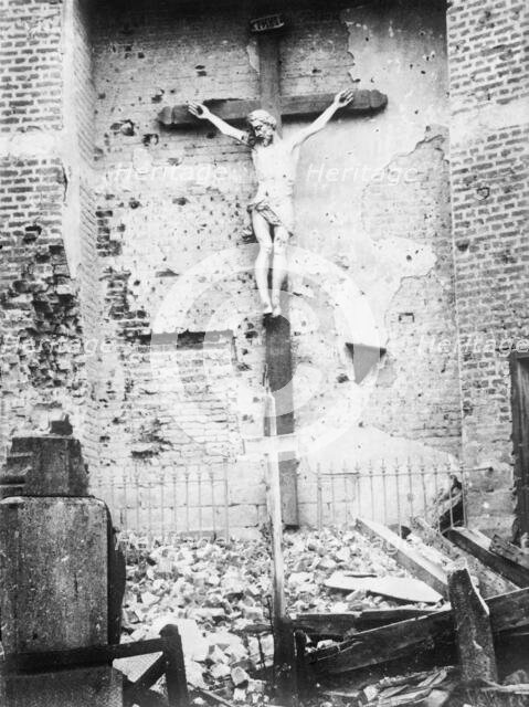 Fromelles - Uninjured figure in wrecked church, 29 July 1915. Creator: Bain News Service.