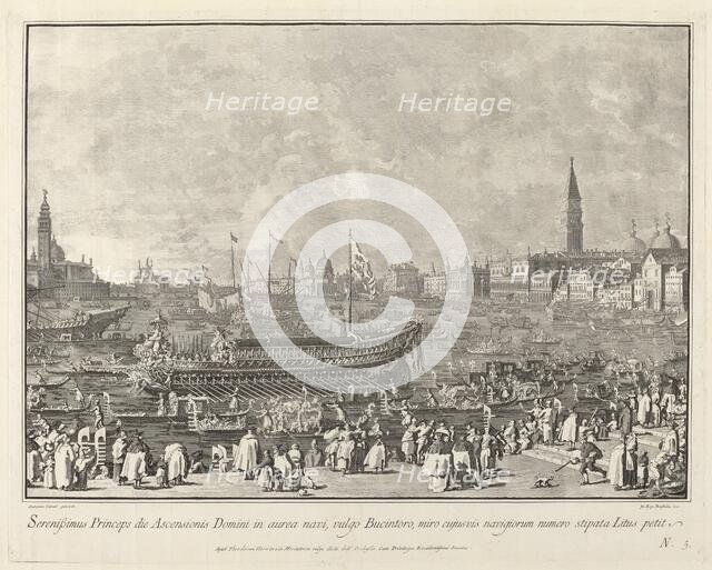 The Doge in the Bucintoro Departing for the Porto di Lido on Ascension Day, 1763/1766. Creator: Giovanni Battista Brostoloni.