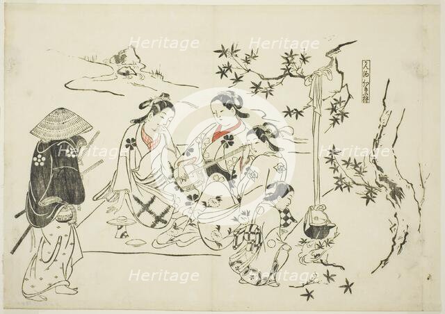 Heating Sake with Maple Leaves (Kanzake momijigari), no. 9 from a series of 12 prints..., c.1716/35. Creator: Okumura Masanobu.