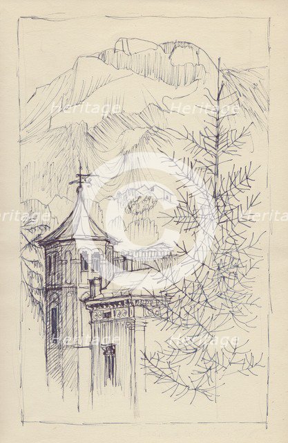 Church and mountains, Italy, c1950. Creator: Shirley Markham.