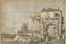 An Imaginary View with a Triumphal Arch, c1755. Creator: Canaletto.