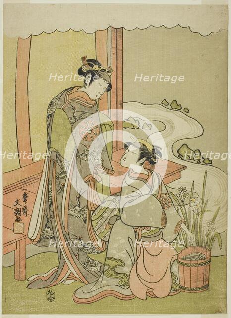 The Actors Nakamura Tomijuro I as Enju Disguised as the Shirbyoshi Gio (right), and..., c. 1770. Creator: Ippitsusai Buncho.