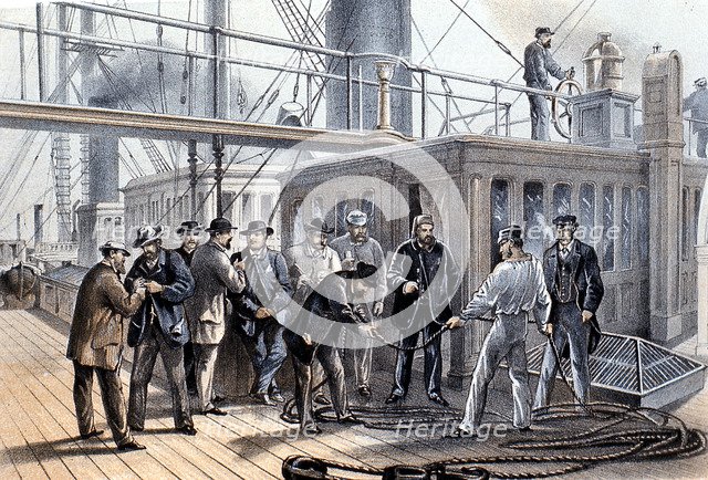 Laying the transatlantic telegraph cable, 1865. Artist: Unknown