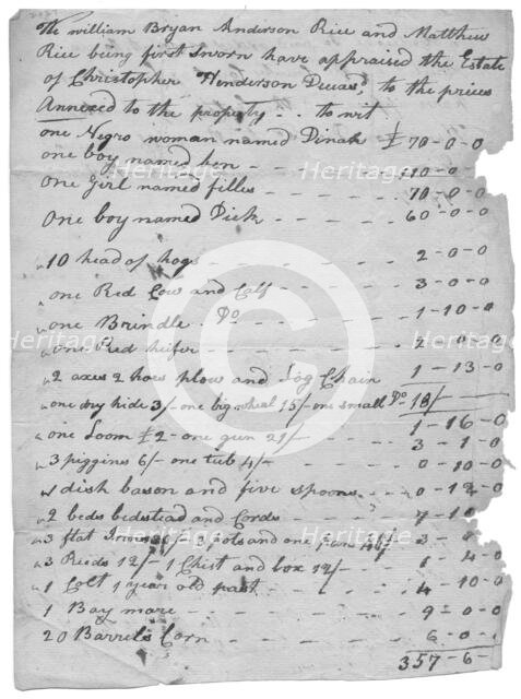 List of slaves, animals, etc and values for each, 1807. Creator: Unknown.