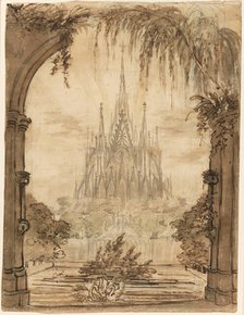 Gothic Cathedral Behind a Pond with Swans, 1810/15. Creator: Karl Friedrich Schinkel.