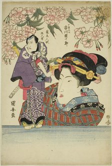 Woman holding puppet of actor Ichikawa Danjuro VII as Karigane Bunshichi, c. 1820s. Creator: Utagawa Kuniyasu.
