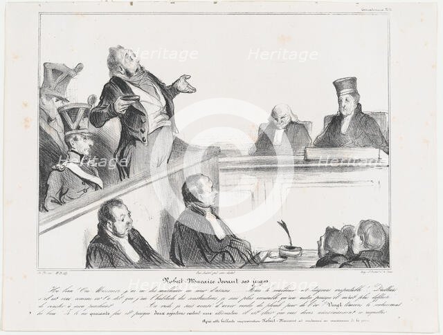 Plate 30: Robert Macaire devant ses juges, 1838. Creator: Honore Daumier.