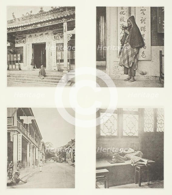 Front of Kwan-Yin Temple, Hong-Kong; A Mendicant Priest; A Street in Hong-Kong; Opium..., c. 1868. Creator: John Thomson.