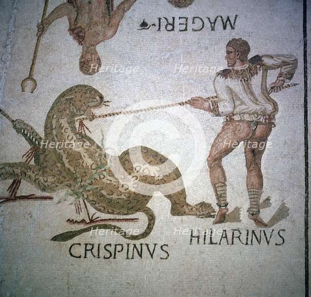Roman mosaic of performers killing a leopard at a spectacle, 3rd century. Artist: Unknown