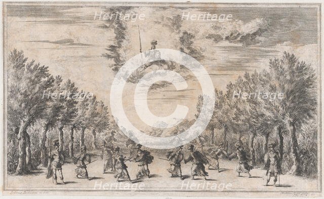 Marsh of Triton; figures battling as Minerva looks on from above; set design from 'Il Pomo..., 1668. Creator: Mathäus Küsel.